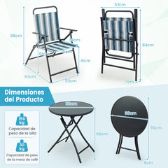 Conjunto de Mesa y 2 Sillas Plegables para Jardín con Tela Texteline Transpirable y Marco de Metal para Patio Trasero Piscina y Balcón