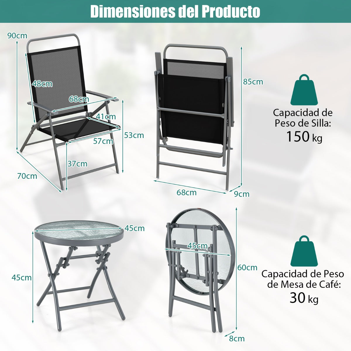 Conjunto de Mesa y 2 Sillas Plegables parfa Jardín con Tela Transpirable Encimera de Vidrio Templado y Marco de para Balcón y Terraza