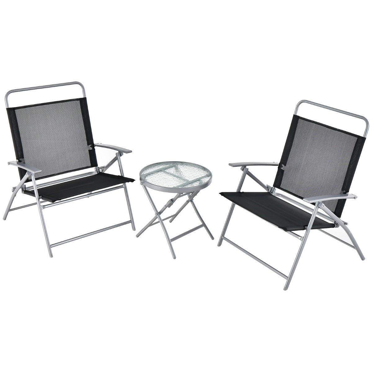 Conjunto de Mesa y 2 Sillas Plegables parfa Jardín con Tela Transpirable Encimera de Vidrio Templado y Marco de para Balcón y Terraza
