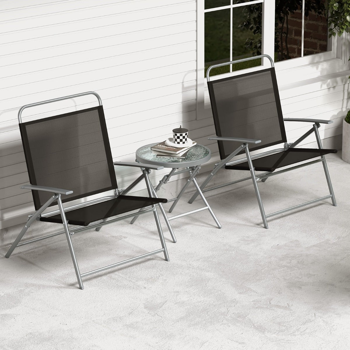 Conjunto de Mesa y 2 Sillas Plegables parfa Jardín con Tela Transpirable Encimera de Vidrio Templado y Marco de para Balcón y Terraza