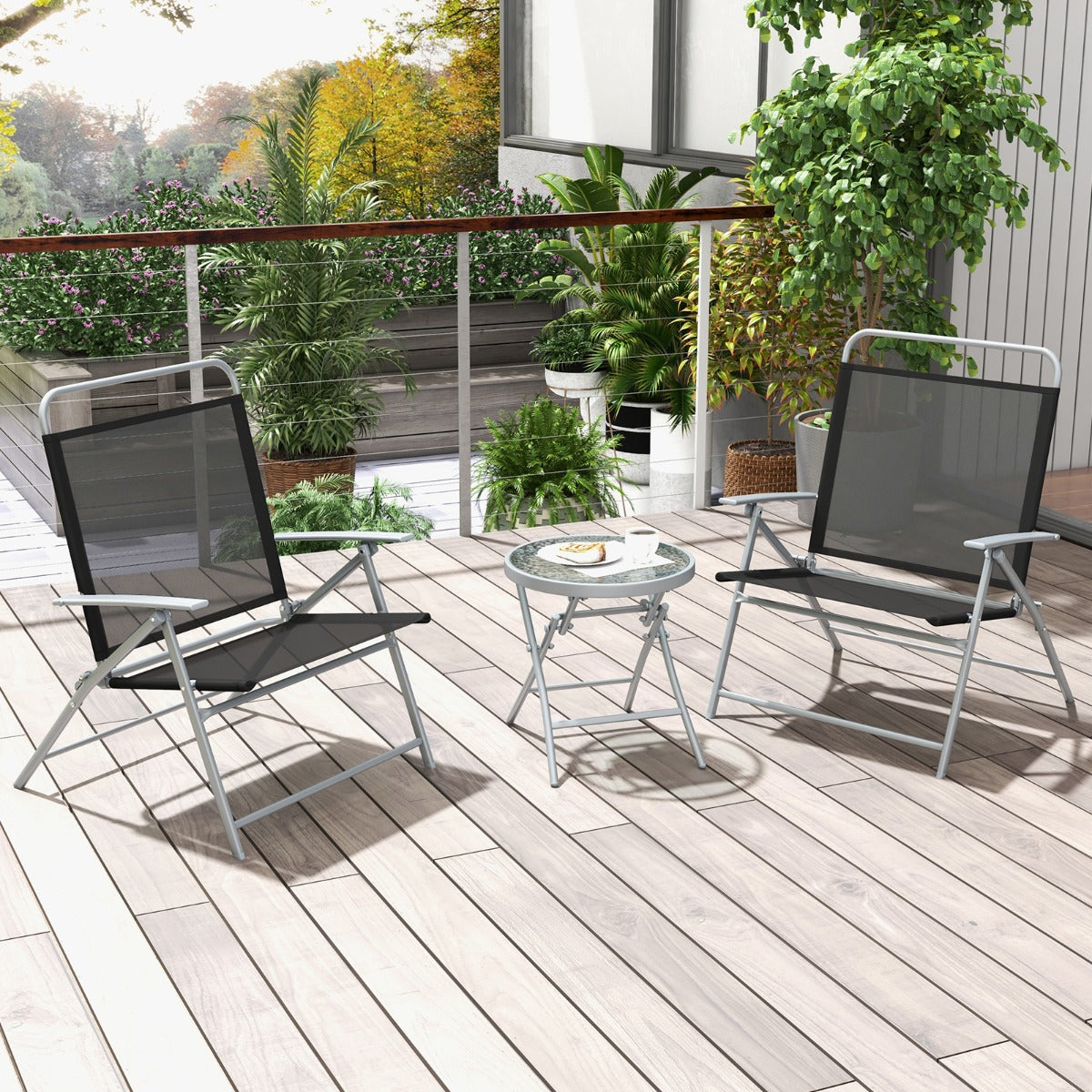 Conjunto de Mesa y 2 Sillas Plegables parfa Jardín con Tela Transpirable Encimera de Vidrio Templado y Marco de para Balcón y Terraza