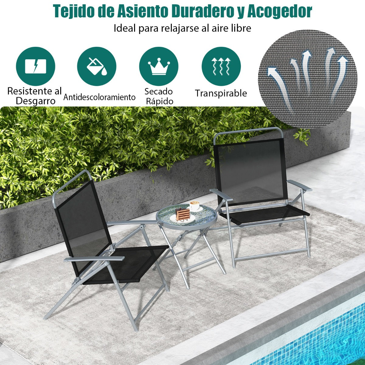 Conjunto de Mesa y 2 Sillas Plegables parfa Jardín con Tela Transpirable Encimera de Vidrio Templado y Marco de para Balcón y Terraza