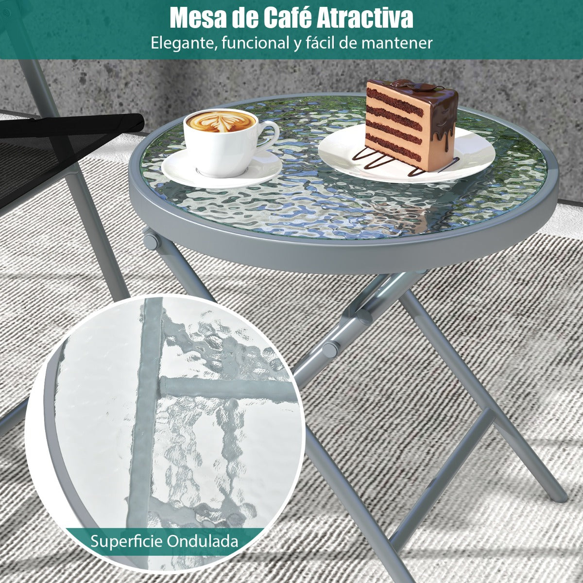Conjunto de Mesa y 2 Sillas Plegables parfa Jardín con Tela Transpirable Encimera de Vidrio Templado y Marco de para Balcón y Terraza