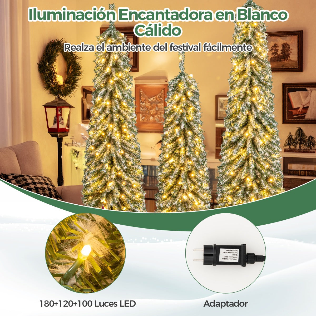 Conjunto de 3 Árboles de Navidad Artificiales de Lápiz de 120/150/180cm con Nieve Realista 100/120/180 Luces LED 216/302/505 Puntas de Ramas