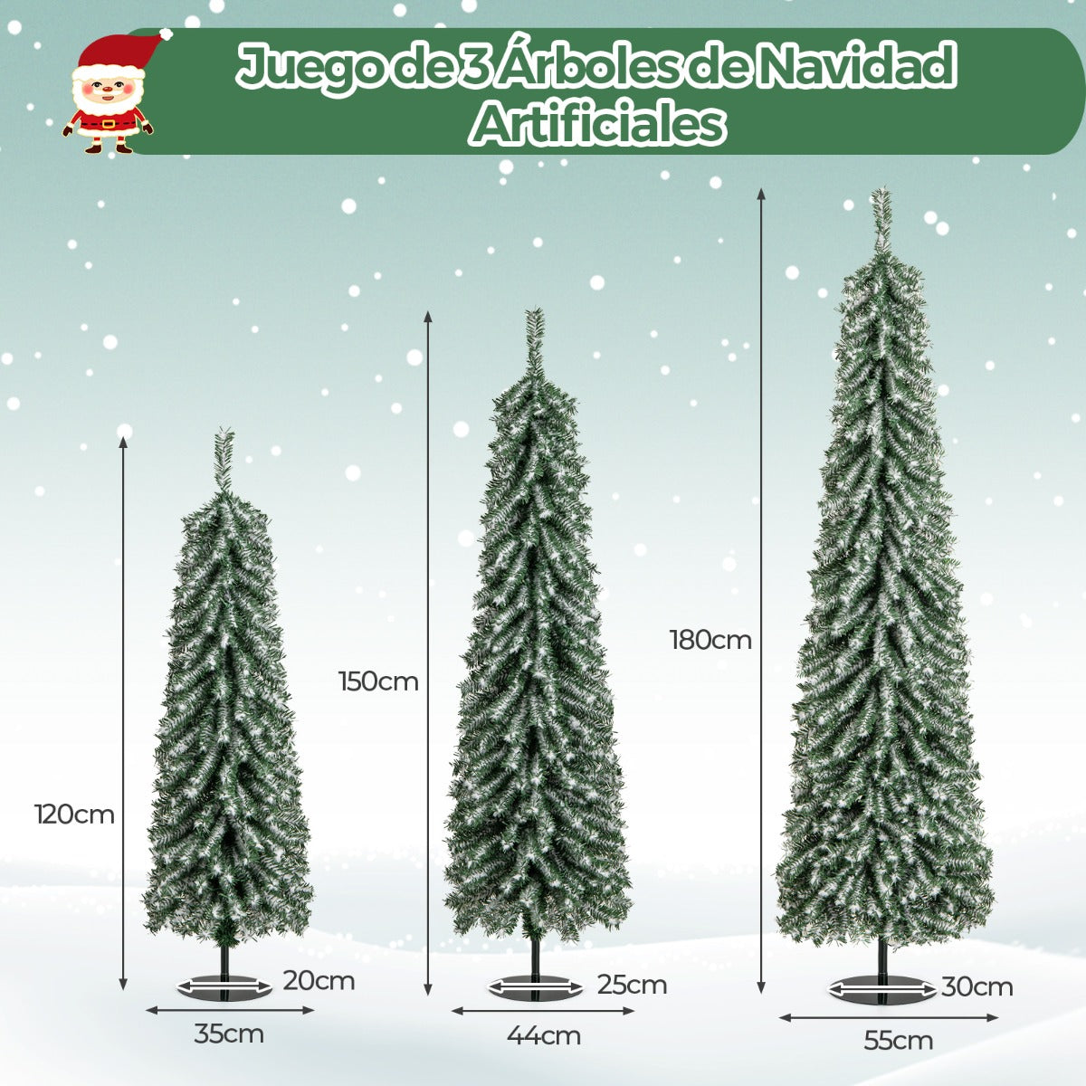 Conjunto de 3 Árboles de Navidad Artificiales de Lápiz de 120/150/180cm con Nieve Realista 100/120/180 Luces LED 216/302/505 Puntas de Ramas