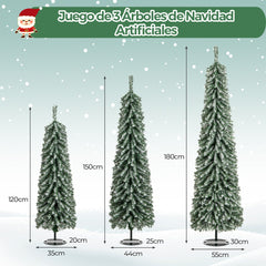 Conjunto de 3 Árboles de Navidad Artificiales de Lápiz de 120/150/180cm con Nieve Realista 100/120/180 Luces LED 216/302/505 Puntas de Ramas