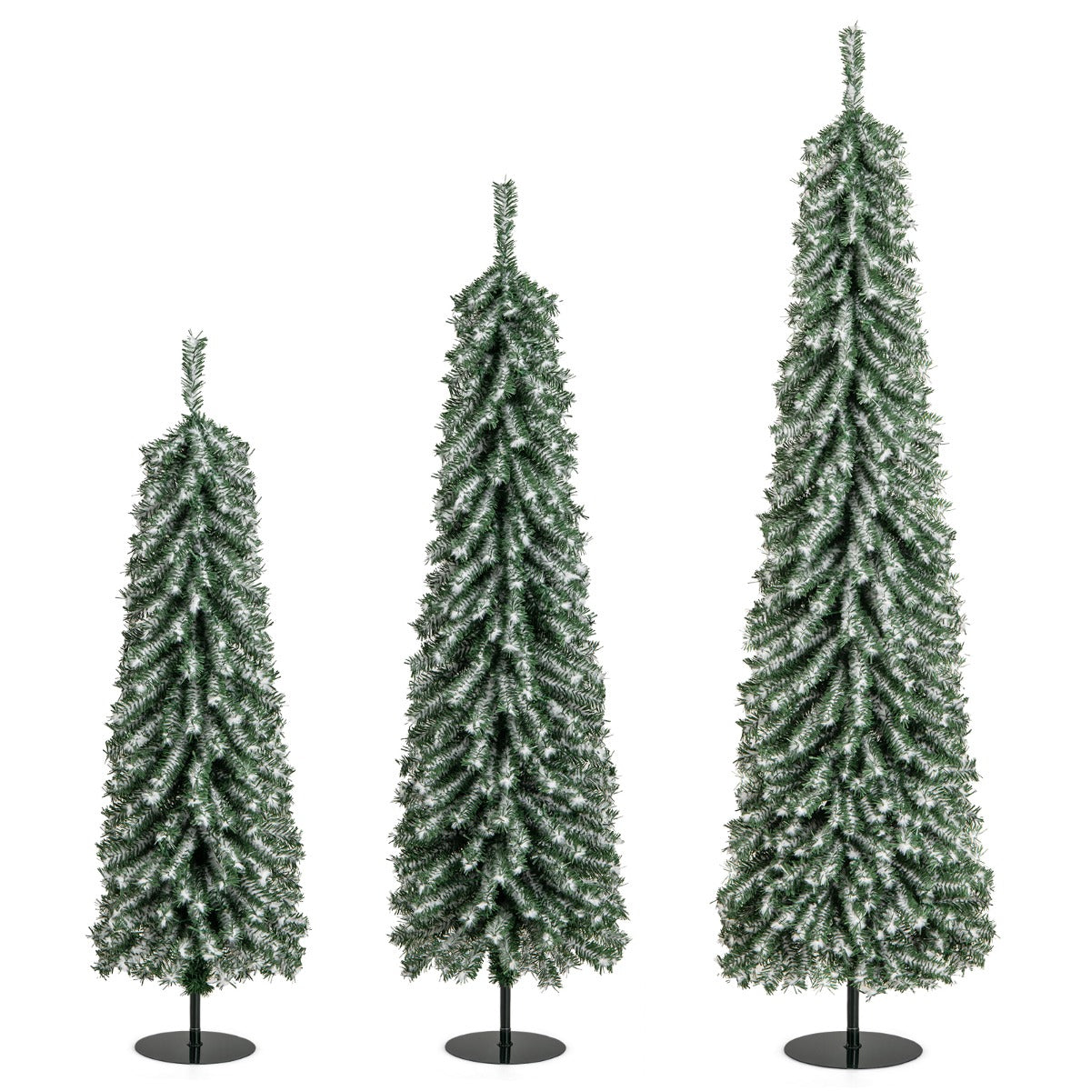 Conjunto de 3 Árboles de Navidad Artificiales de Lápiz de 120/150/180cm con Nieve Realista 100/120/180 Luces LED 216/302/505 Puntas de Ramas