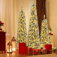 Conjunto de 3 Árboles de Navidad Artificiales de Lápiz de 120/150/180cm con Nieve Realista 100/120/180 Luces LED 216/302/505 Puntas de Ramas