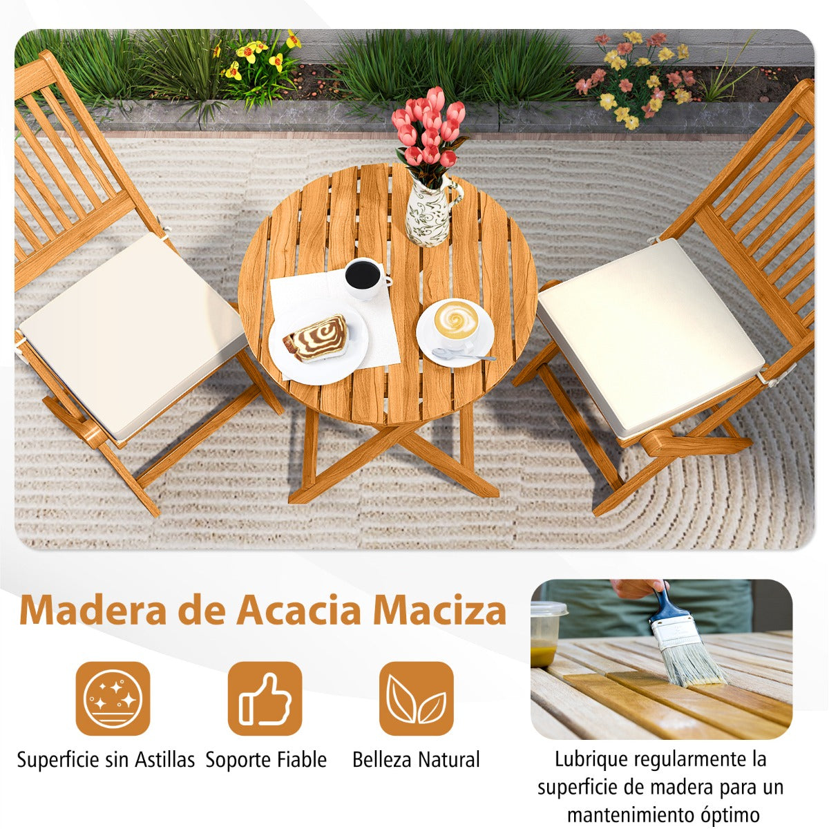 Conjunto de Bistro de Patio Plegable Mesa y Sillas de Madera con Cojines Suaves para Terraza Jardín Crema