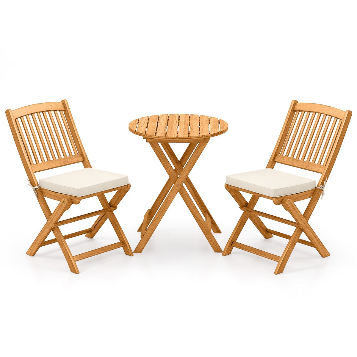 Conjunto de Bistro de Patio Plegable Mesa y Sillas de Madera con Cojines Suaves para Terraza Jardín Crema