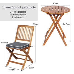 Conjunto de Bistro de Patio Plegable Mesa y Sillas de Madera con Cojines Suaves para Terraza Jardín Gris