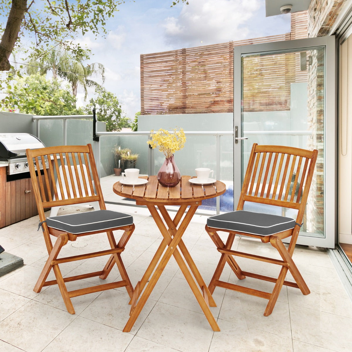 Conjunto de Bistro de Patio Plegable Mesa y Sillas de Madera con Cojines Suaves para Terraza Jardín Gris