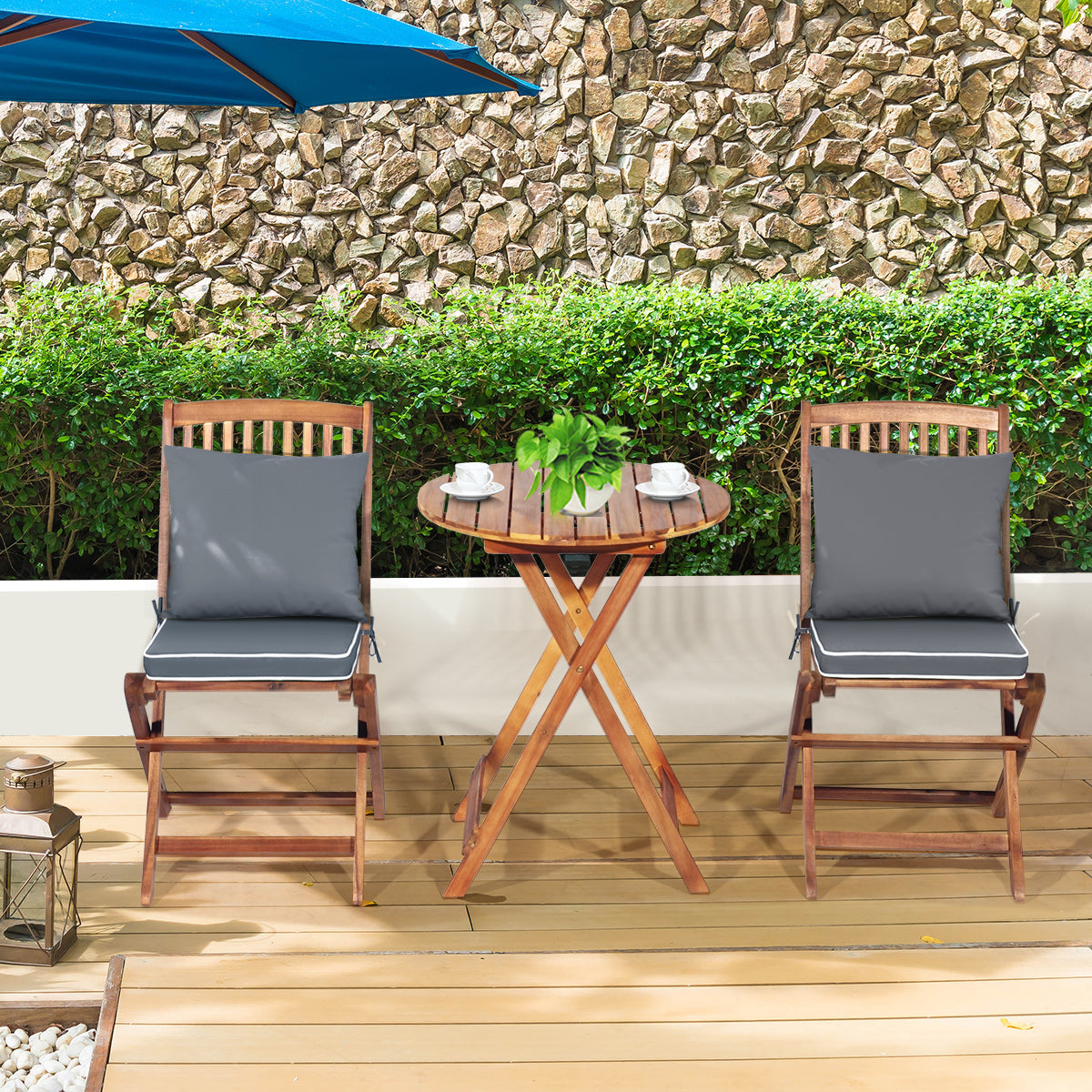 Conjunto de Bistro de Patio Plegable Mesa y Sillas de Madera con Cojines Suaves para Terraza Jardín Gris