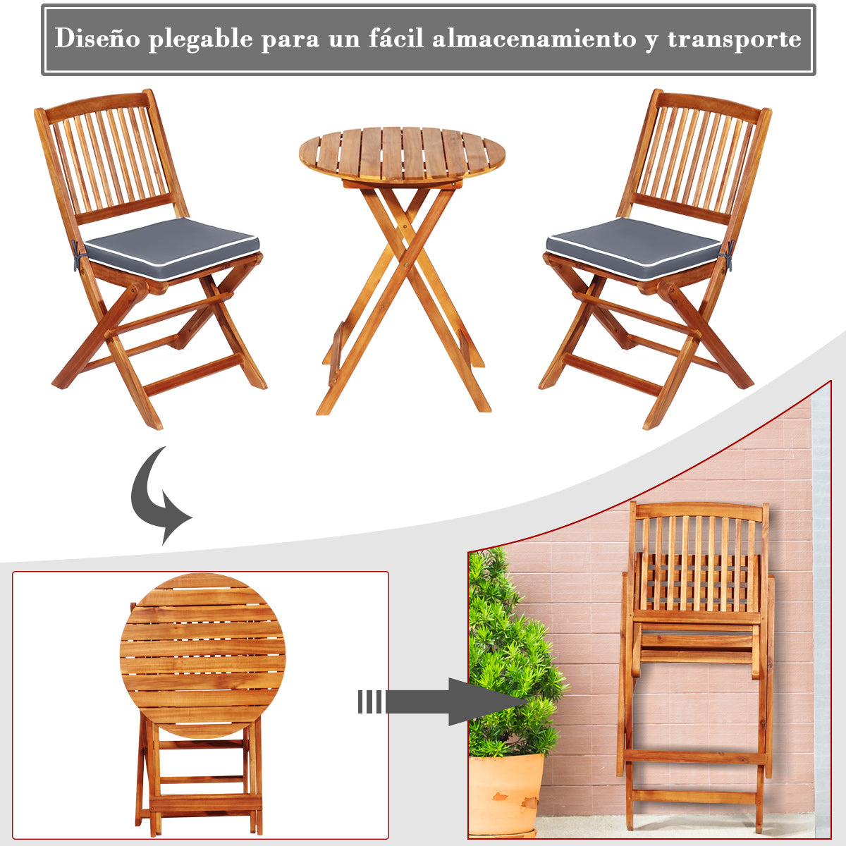Conjunto de Bistro de Patio Plegable Mesa y Sillas de Madera con Cojines Suaves para Terraza Jardín Gris