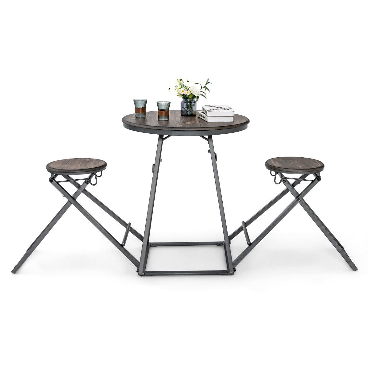 Conjunto de Comedor Plegable Mesa Redonda y Taburetes de Bar para Espacios Pequeños Gris