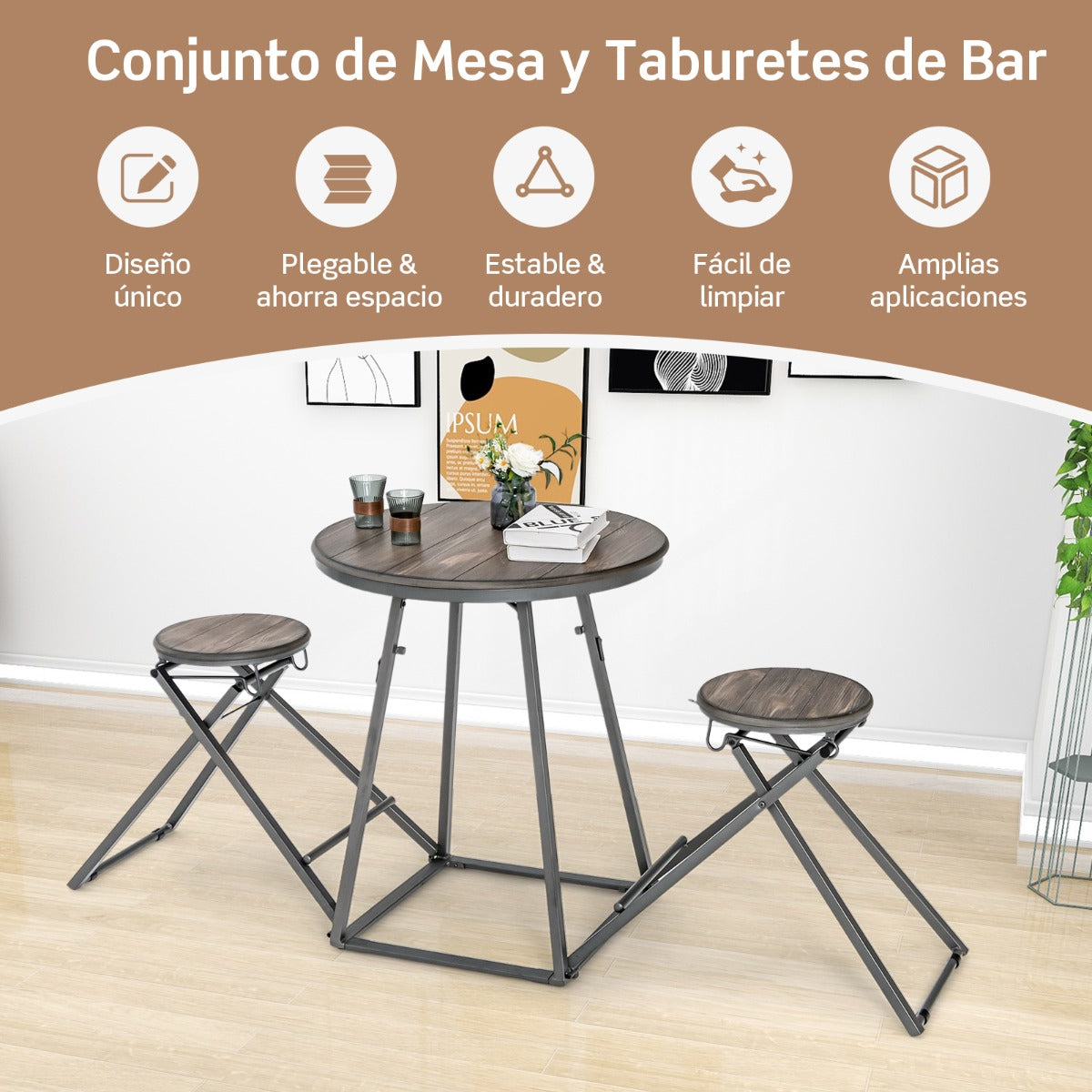 Conjunto de Comedor Plegable Mesa Redonda y Taburetes de Bar para Espacios Pequeños Gris