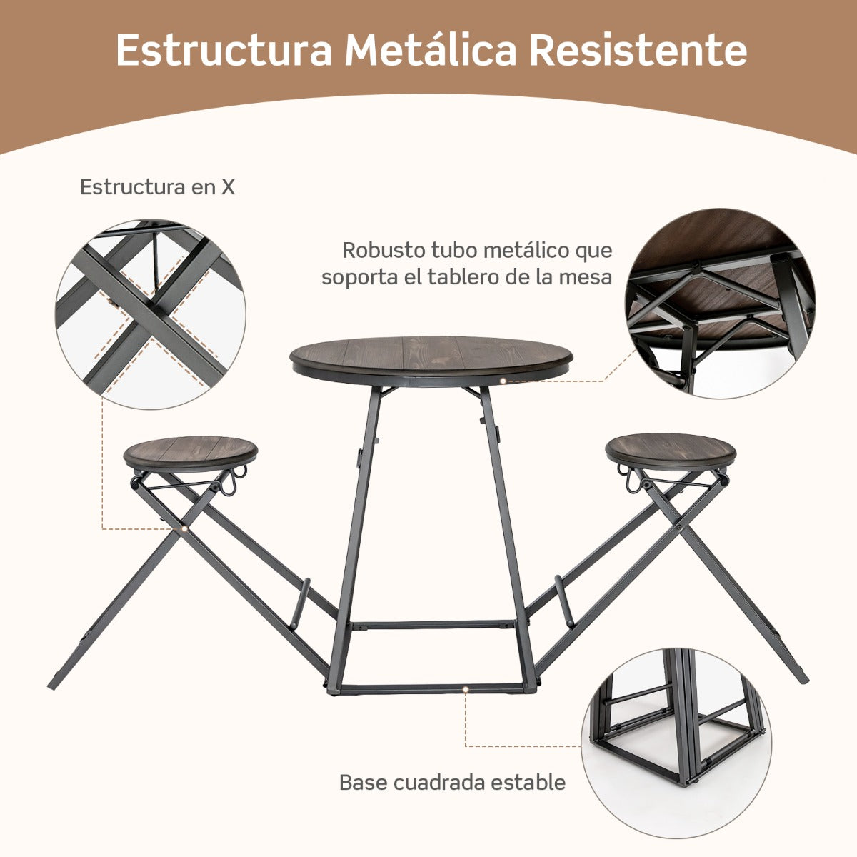 Conjunto de Comedor Plegable Mesa Redonda y Taburetes de Bar para Espacios Pequeños Gris