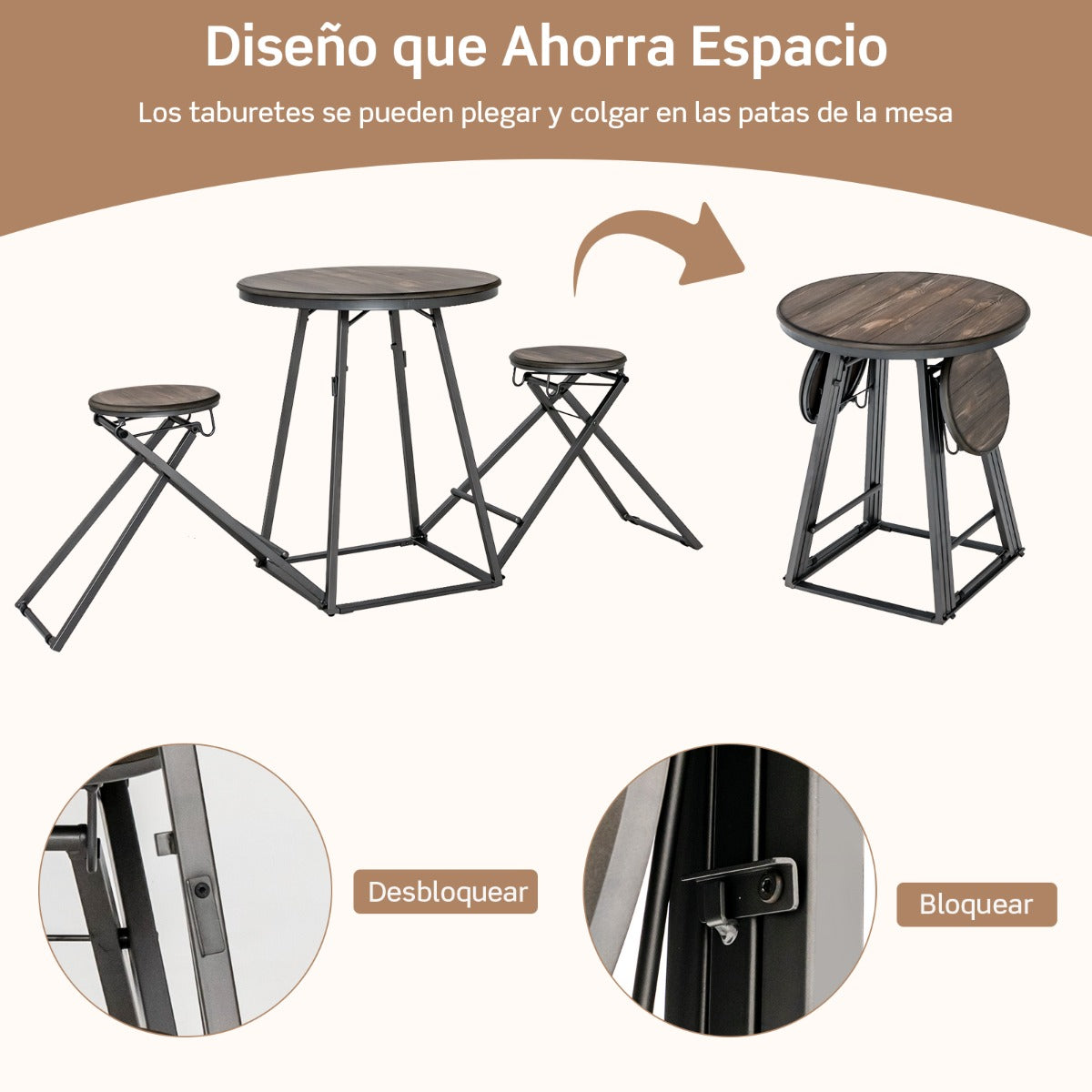 Conjunto de Comedor Plegable Mesa Redonda y Taburetes de Bar para Espacios Pequeños Gris