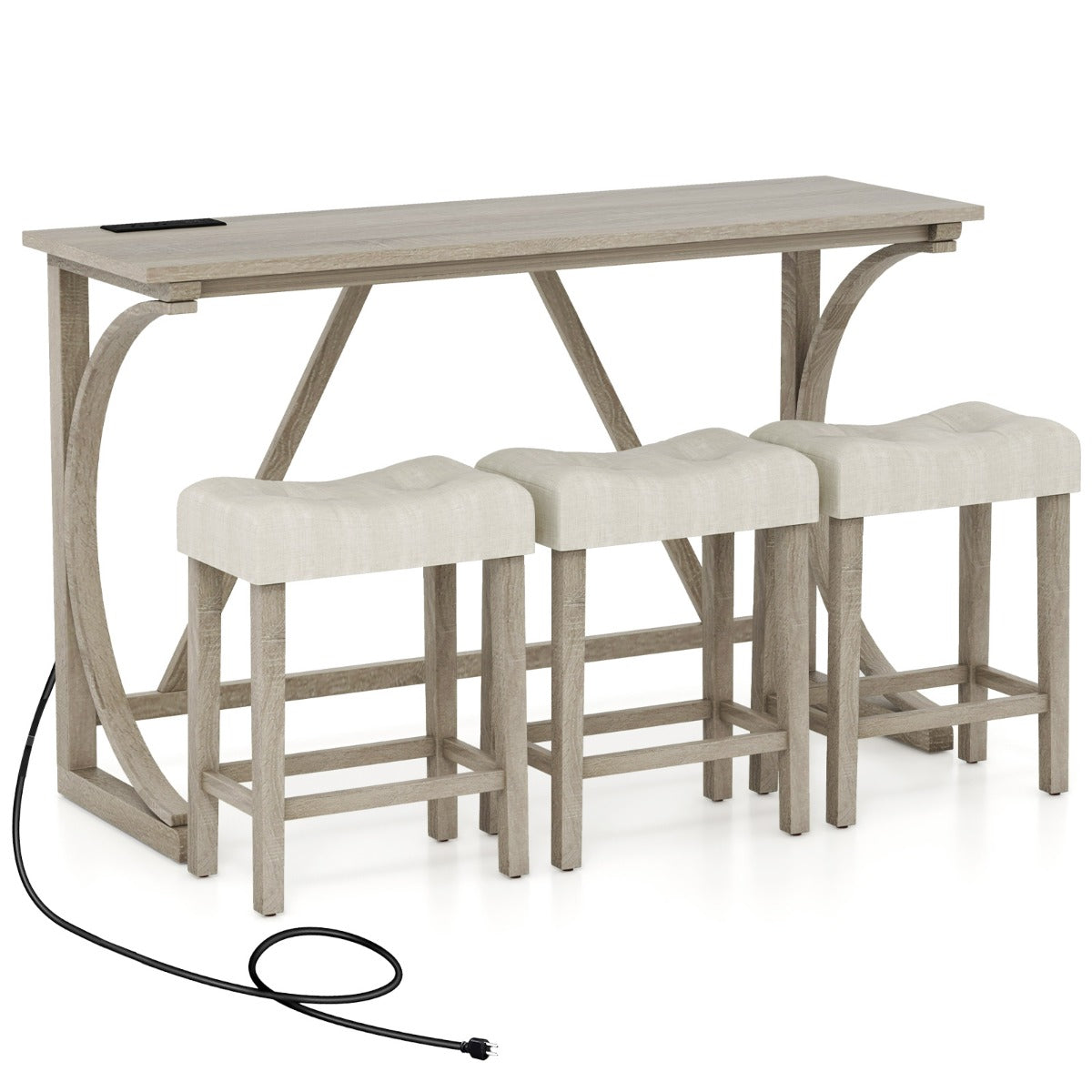 Conjunto de Mesa de Bar de 4 Piezas con Toma de Corriente Asientos Acolchados para 3 Personas Gris y Beige