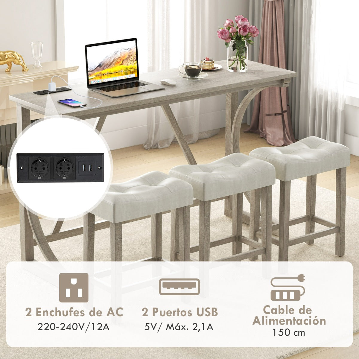 Conjunto de Mesa de Bar de 4 Piezas con Toma de Corriente Asientos Acolchados para 3 Personas Gris y Beige