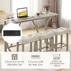 Conjunto de Mesa de Bar de 4 Piezas con Toma de Corriente Asientos Acolchados para 3 Personas Gris y Beige