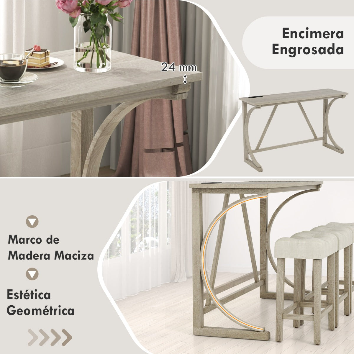 Conjunto de Mesa de Bar de 4 Piezas con Toma de Corriente Asientos Acolchados para 3 Personas Gris y Beige