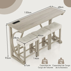 Conjunto de Mesa de Bar de 4 Piezas con Toma de Corriente Asientos Acolchados para 3 Personas Gris y Beige