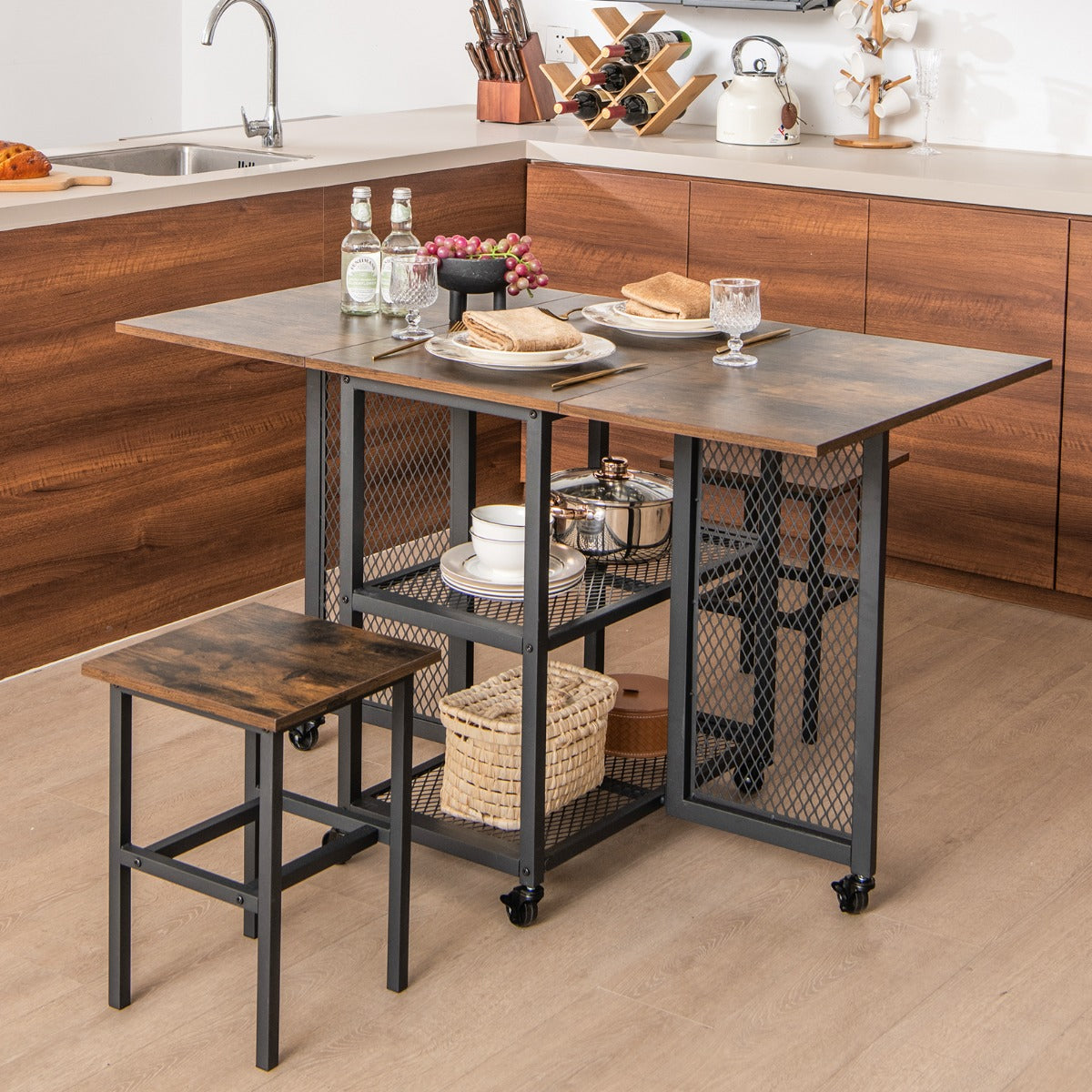 Set de Mesa de Comedor Plegable de 3 Piezas con 2 Taburetes Ruedas Bloqueables 2 Estantes de Almacenamiento de Malla para Cocina Marrón
