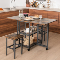 Set de Mesa de Comedor Plegable de 3 Piezas con 2 Taburetes Ruedas Bloqueables 2 Estantes de Almacenamiento de Malla para Cocina Marrón