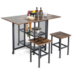 Set de Mesa de Comedor Plegable de 3 Piezas con 2 Taburetes Ruedas Bloqueables 2 Estantes de Almacenamiento de Malla para Cocina Marrón