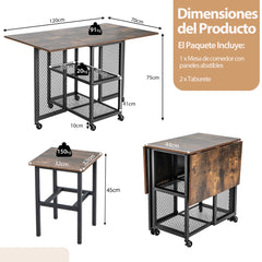 Set de Mesa de Comedor Plegable de 3 Piezas con 2 Taburetes Ruedas Bloqueables 2 Estantes de Almacenamiento de Malla para Cocina Marrón