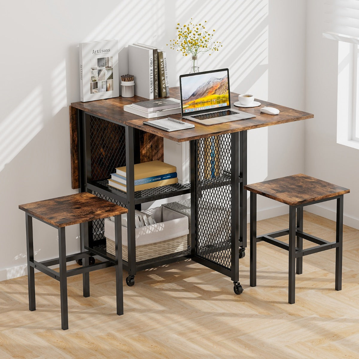 Set de Mesa de Comedor Plegable de 3 Piezas con 2 Taburetes Ruedas Bloqueables 2 Estantes de Almacenamiento de Malla para Cocina Marrón