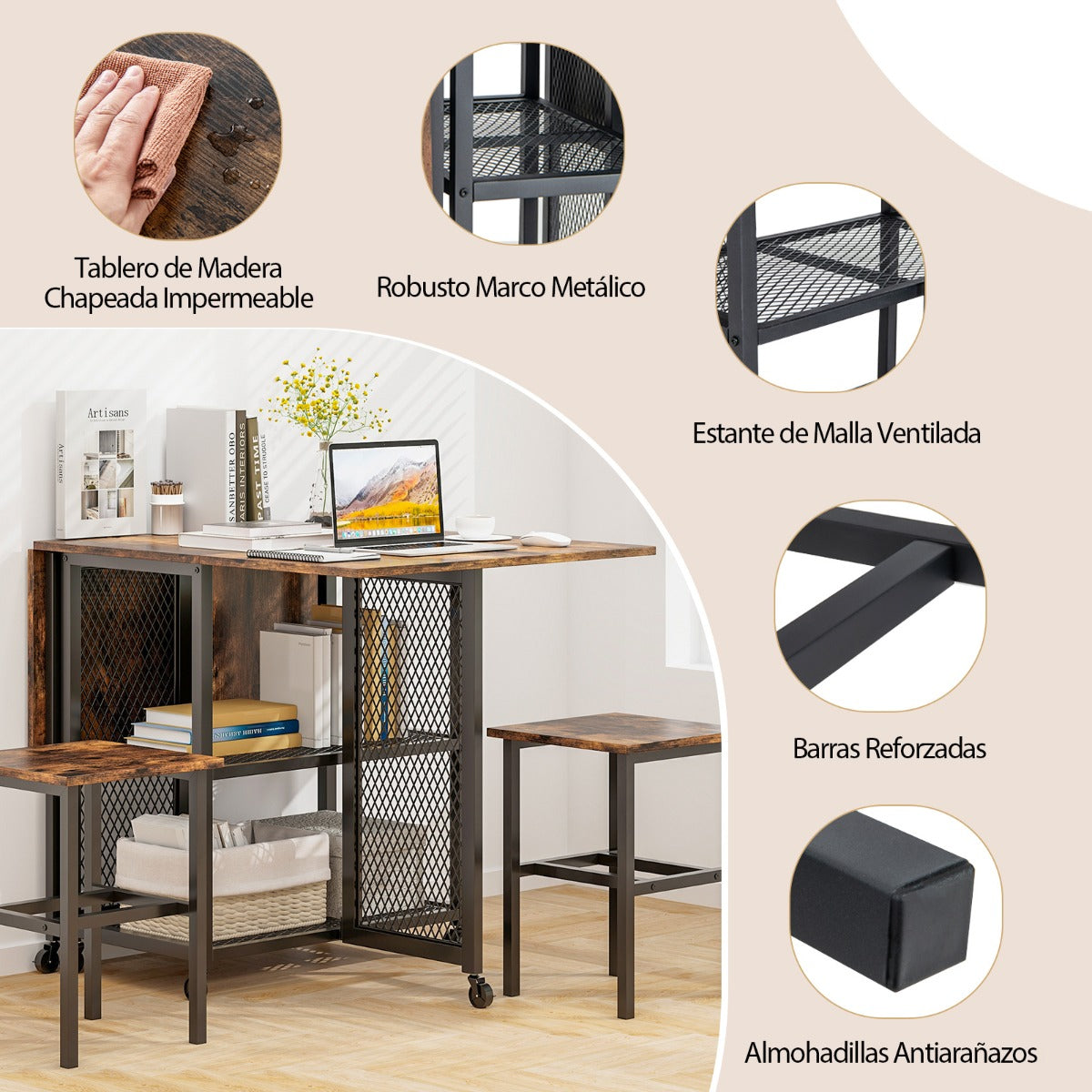 Set de Mesa de Comedor Plegable de 3 Piezas con 2 Taburetes Ruedas Bloqueables 2 Estantes de Almacenamiento de Malla para Cocina Marrón