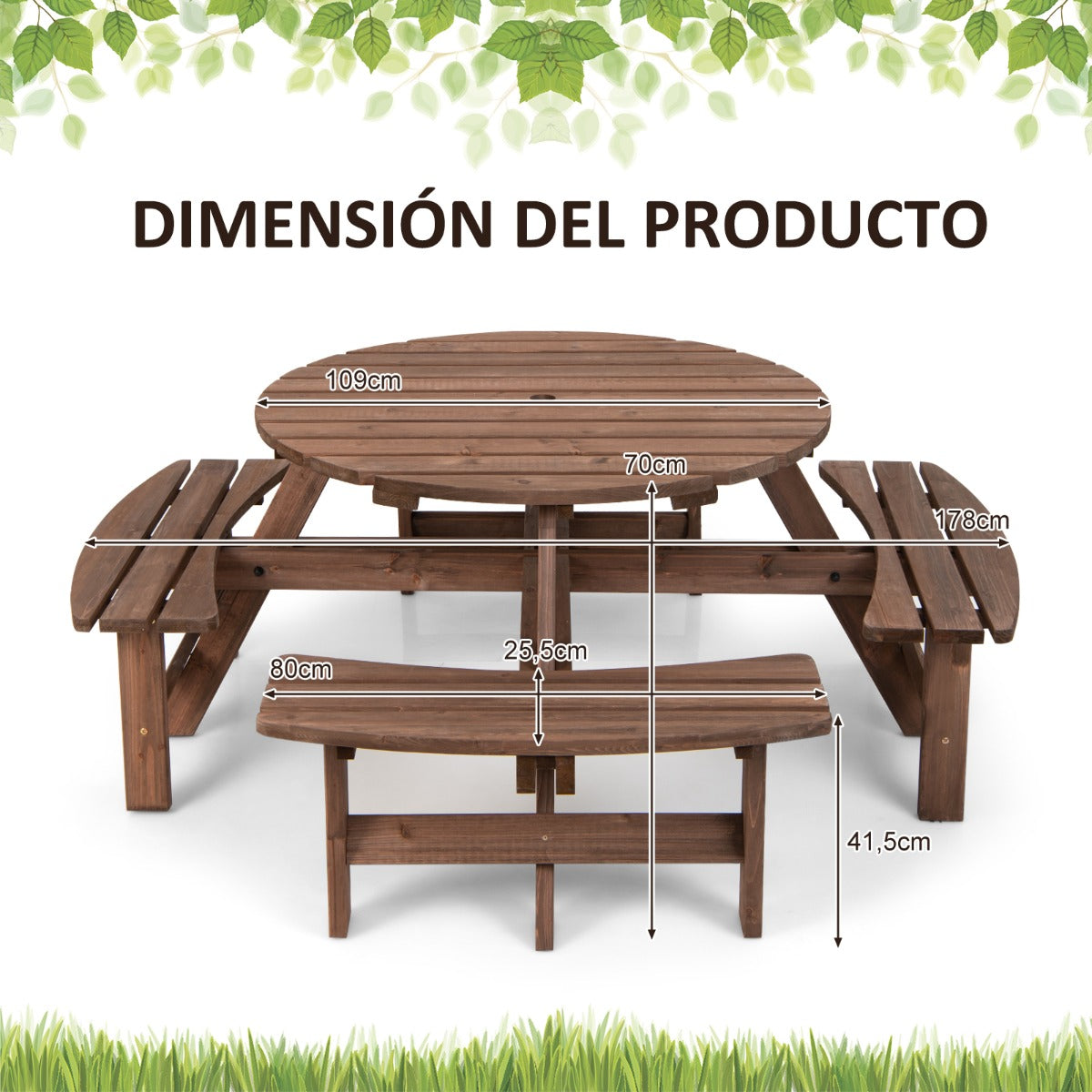 Conjunto de Mesa de Picnic de Madera para Exteriores para 8 Personas con Orificio para Sombrilla Mesa de Picnic y 4 Bancos para Jardín