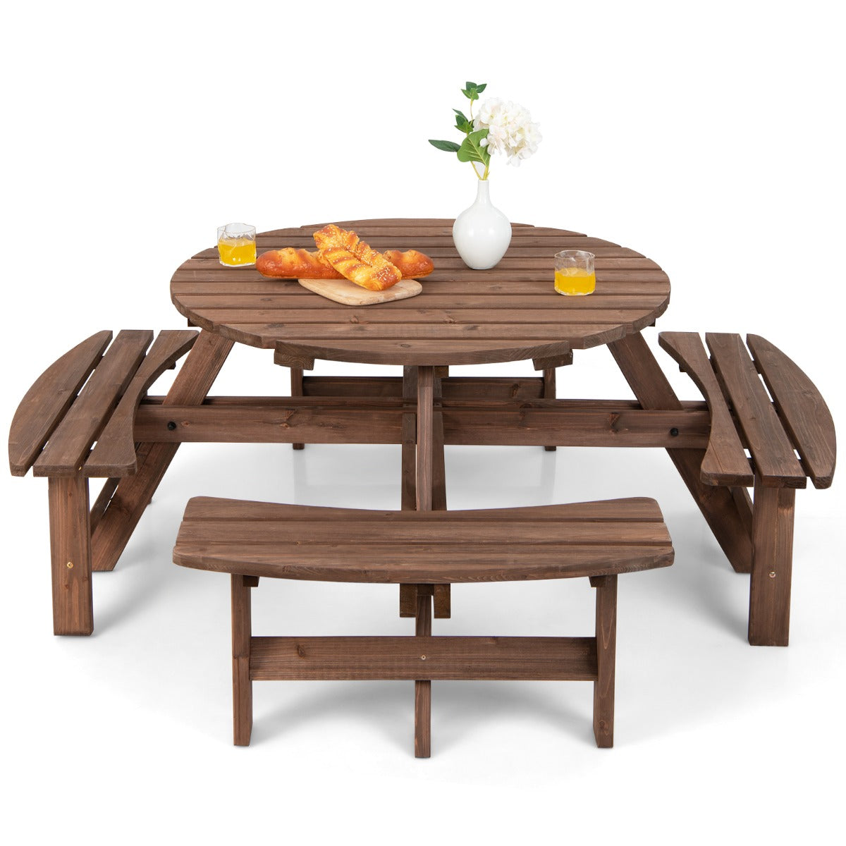 Conjunto de Mesa de Picnic de Madera para Exteriores para 8 Personas con Orificio para Sombrilla Mesa de Picnic y 4 Bancos para Jardín
