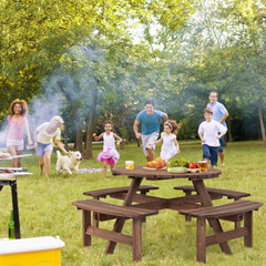 Conjunto de Mesa de Picnic de Madera para Exteriores para 8 Personas con Orificio para Sombrilla Mesa de Picnic y 4 Bancos para Jardín