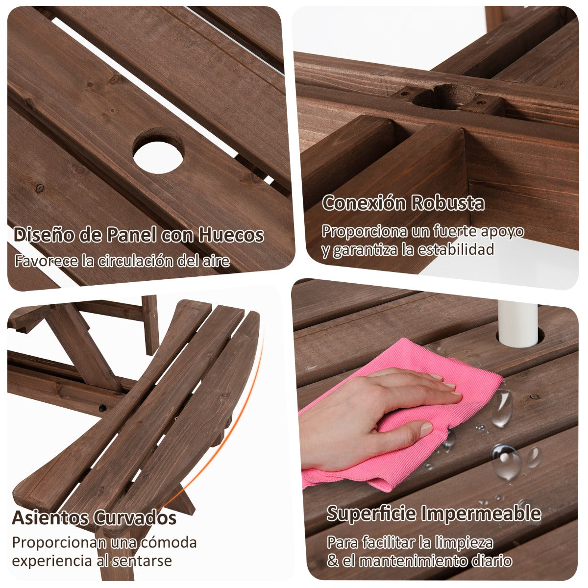 Conjunto de Mesa de Picnic de Madera para Exteriores para 8 Personas con Orificio para Sombrilla Mesa de Picnic y 4 Bancos para Jardín