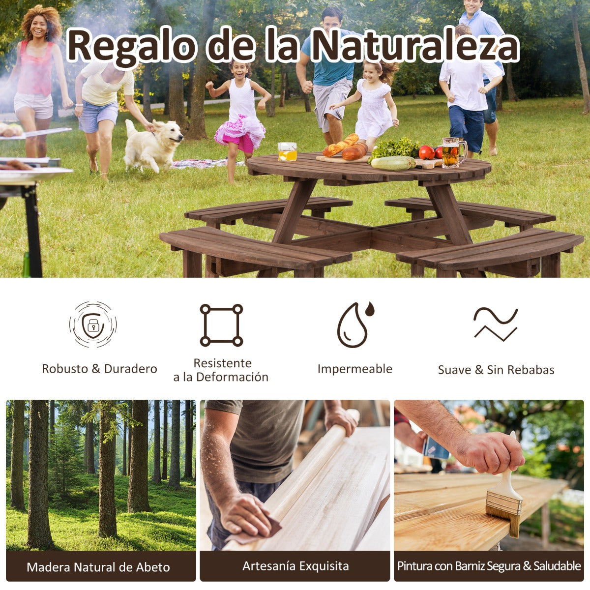 Conjunto de Mesa de Picnic de Madera para Exteriores para 8 Personas con Orificio para Sombrilla Mesa de Picnic y 4 Bancos para Jardín