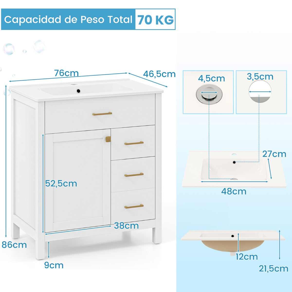 Mueble de Baño con Lavabo de Cerámica Armario de Almacenamiento Bajo Lavabo con 2 Cajones y 2 Puertas Mueble de Pie para Lavabo Blanco