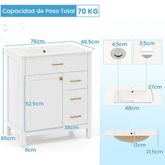 Mueble de Baño con Lavabo de Cerámica Armario de Almacenamiento Bajo Lavabo con 2 Cajones y 2 Puertas Mueble de Pie para Lavabo Blanco