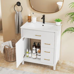 Mueble de Baño con Lavabo de Cerámica Armario de Almacenamiento Bajo Lavabo con 2 Cajones y 2 Puertas Mueble de Pie para Lavabo Blanco