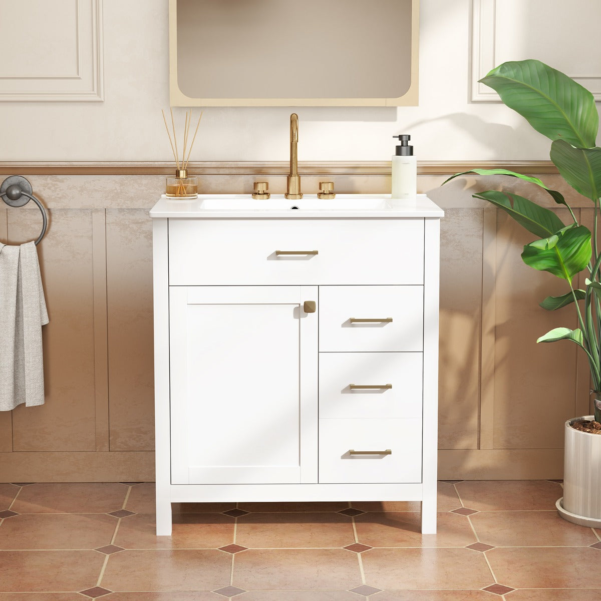 Mueble de Baño con Lavabo de Cerámica Armario de Almacenamiento Bajo Lavabo con 2 Cajones y 2 Puertas Mueble de Pie para Lavabo Blanco