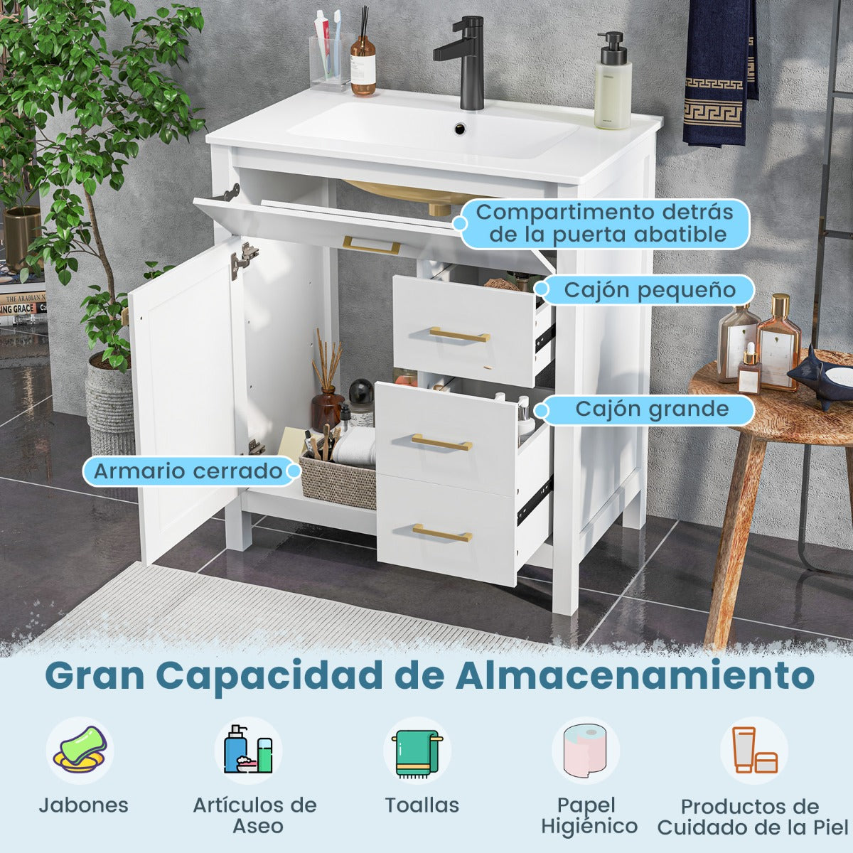 Mueble de Baño con Lavabo de Cerámica Armario de Almacenamiento Bajo Lavabo con 2 Cajones y 2 Puertas Mueble de Pie para Lavabo Blanco