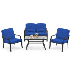 Conjunto de Muebles Exterior de 4 Piezas con 2 Sillas Individual Silla de 2 Plazas Mesa de Vidrio Templado para Jardín Balcón Terraza Azul
