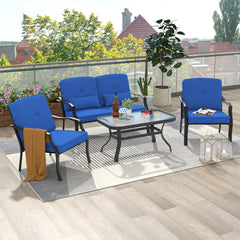 Conjunto de Muebles Exterior de 4 Piezas con 2 Sillas Individual Silla de 2 Plazas Mesa de Vidrio Templado para Jardín Balcón Terraza Azul