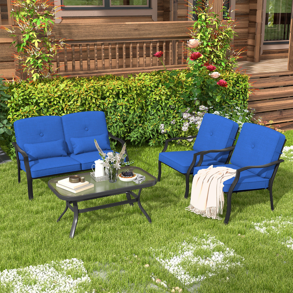 Conjunto de Muebles Exterior de 4 Piezas con 2 Sillas Individual Silla de 2 Plazas Mesa de Vidrio Templado para Jardín Balcón Terraza Azul