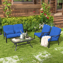 Conjunto de Muebles Exterior de 4 Piezas con 2 Sillas Individual Silla de 2 Plazas Mesa de Vidrio Templado para Jardín Balcón Terraza Azul