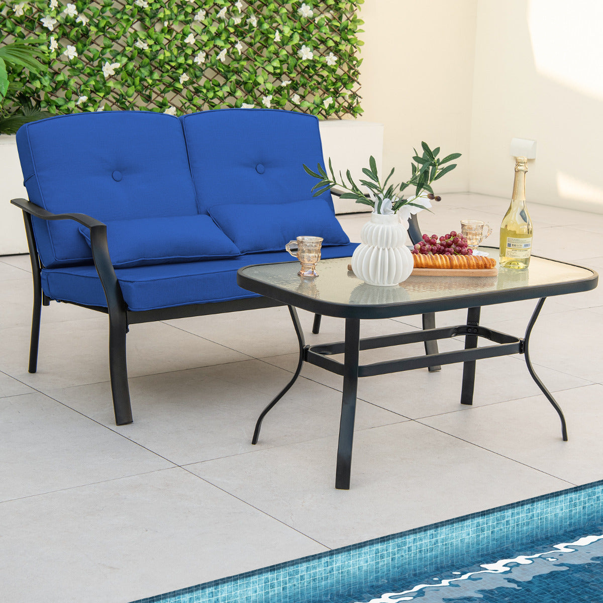 Conjunto de Muebles Exterior de 4 Piezas con 2 Sillas Individual Silla de 2 Plazas Mesa de Vidrio Templado para Jardín Balcón Terraza Azul