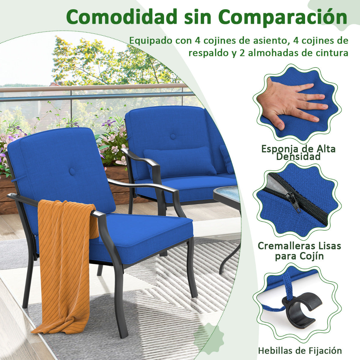 Conjunto de Muebles Exterior de 4 Piezas con 2 Sillas Individual Silla de 2 Plazas Mesa de Vidrio Templado para Jardín Balcón Terraza Azul