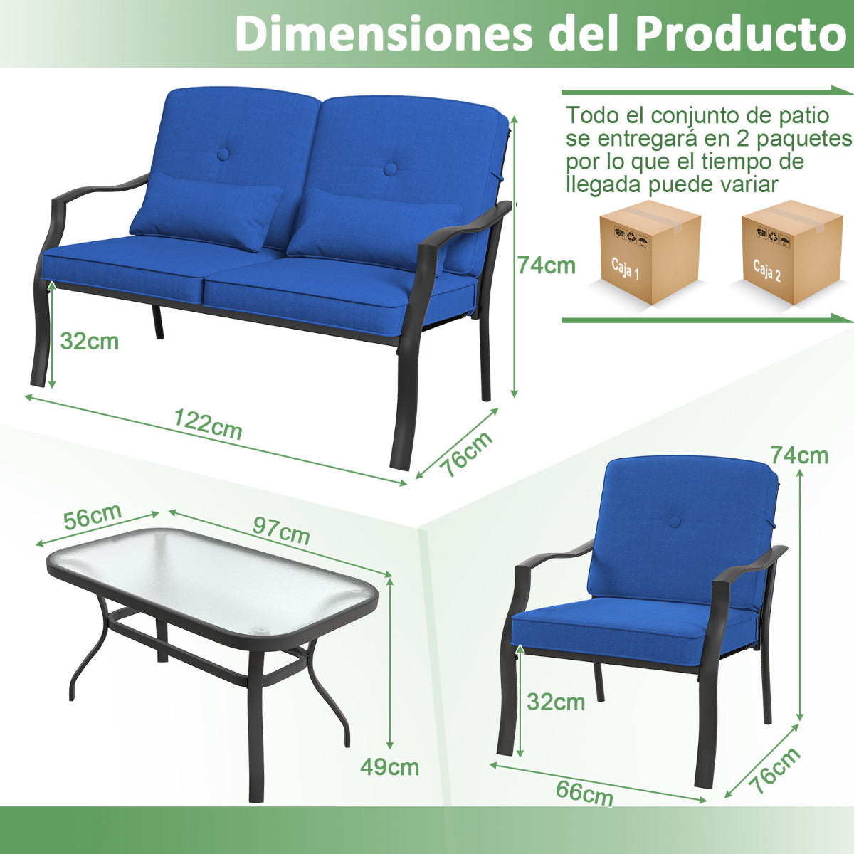 Conjunto de Muebles Exterior de 4 Piezas con 2 Sillas Individual Silla de 2 Plazas Mesa de Vidrio Templado para Jardín Balcón Terraza Azul